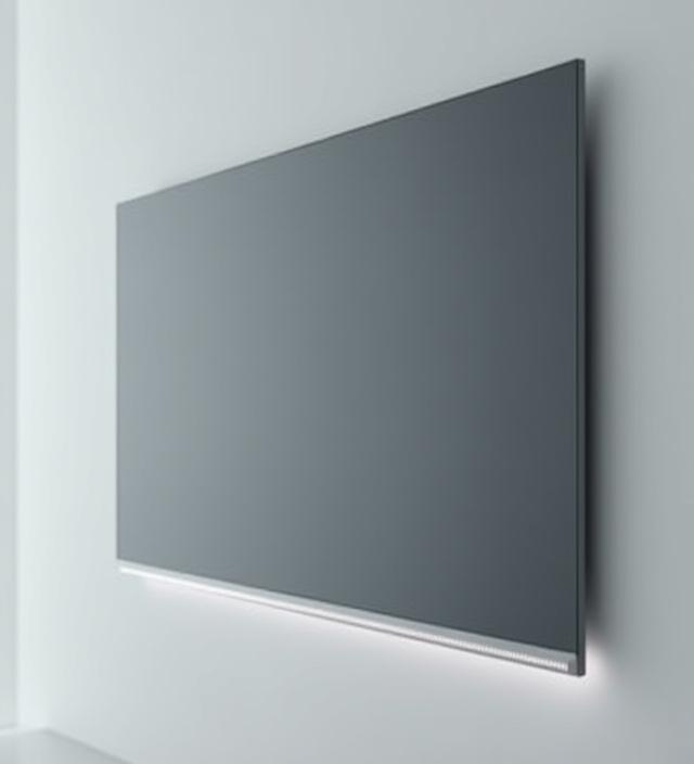 벽에 걸린 TV의 극도로 얇은 측면을 강조하는 사진